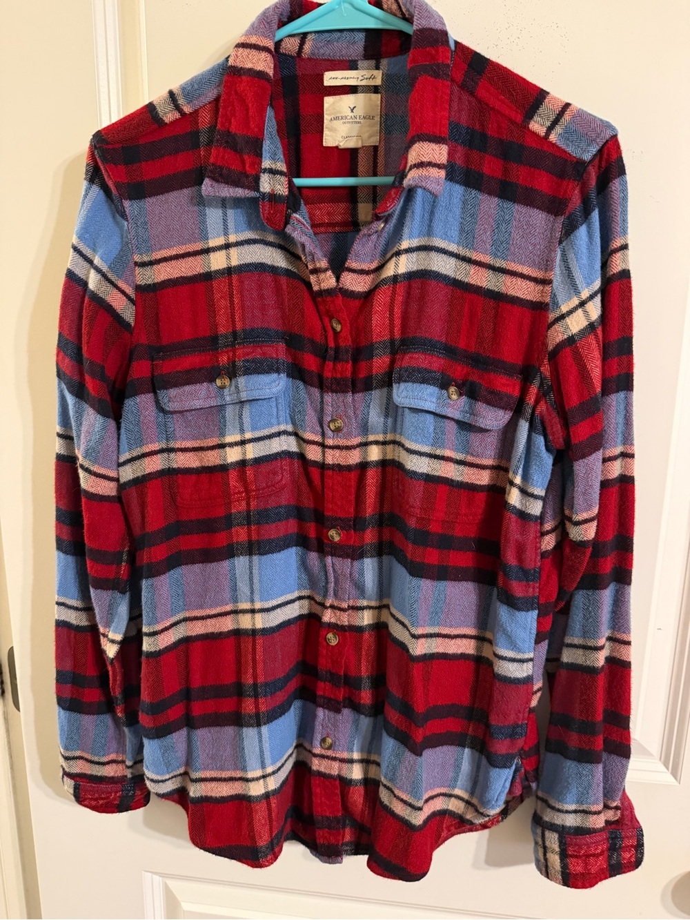 American Eagle Outfitters Men's Red & Light Blue Plaid Button-Up Shirt
